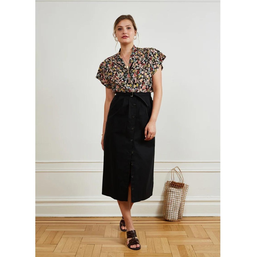 Loup Holly Button Front Midi Skirt with Carabiner Clip‎ Detail Small Black